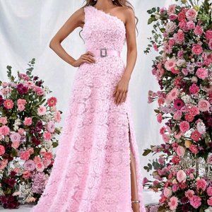 One Shoulder Split Thigh Belted Formal Dress